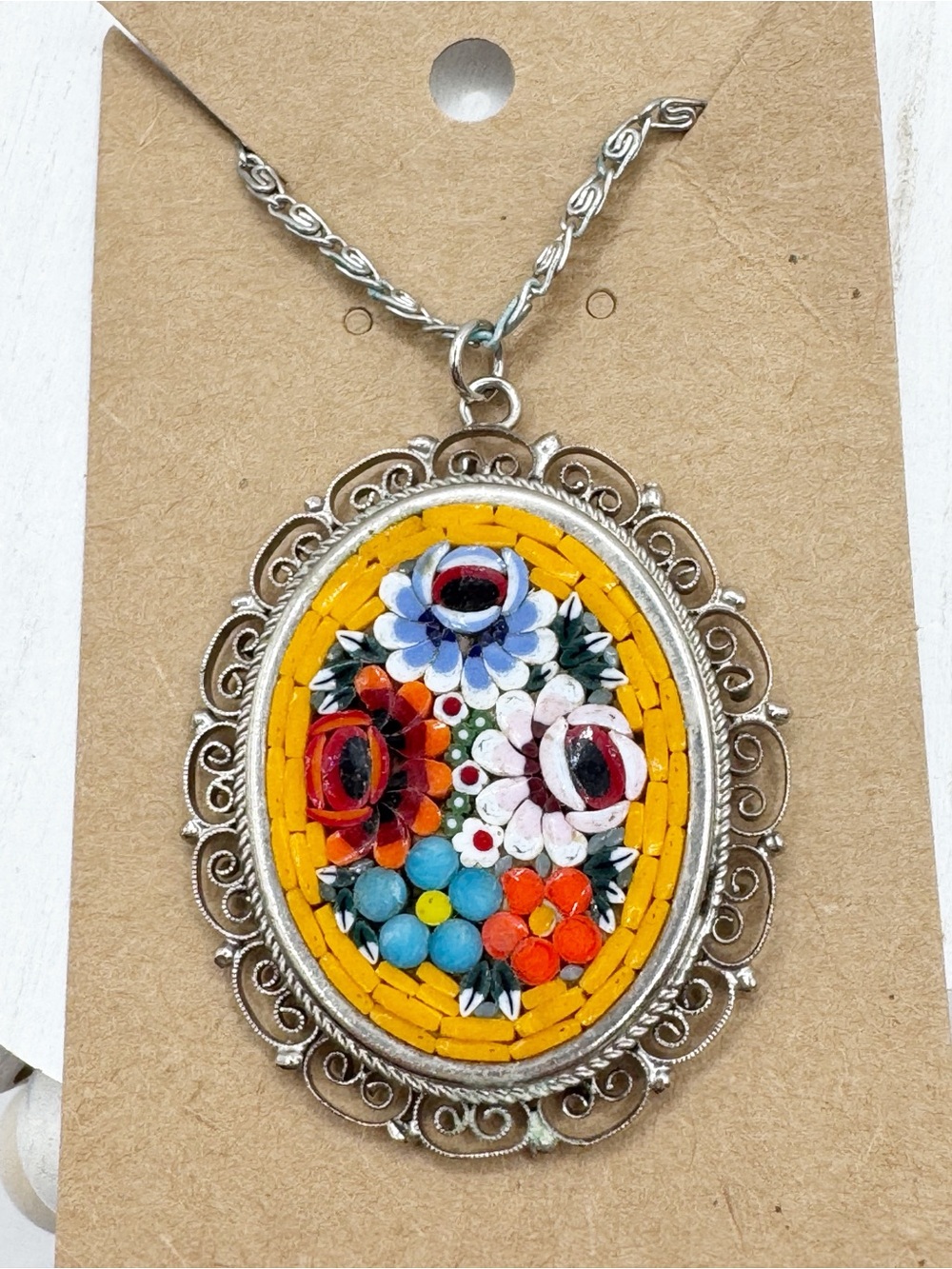 Vtg micro mosaic floral glass cameo necklace long snake chain Victorian revival